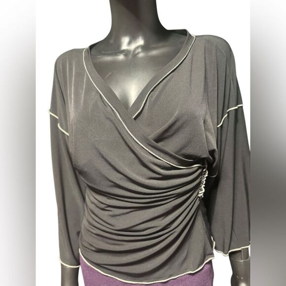 Max Studio Black  shirt blouse Stretchy long sleeves Cross over Size‎ S - Picture 4 of 10